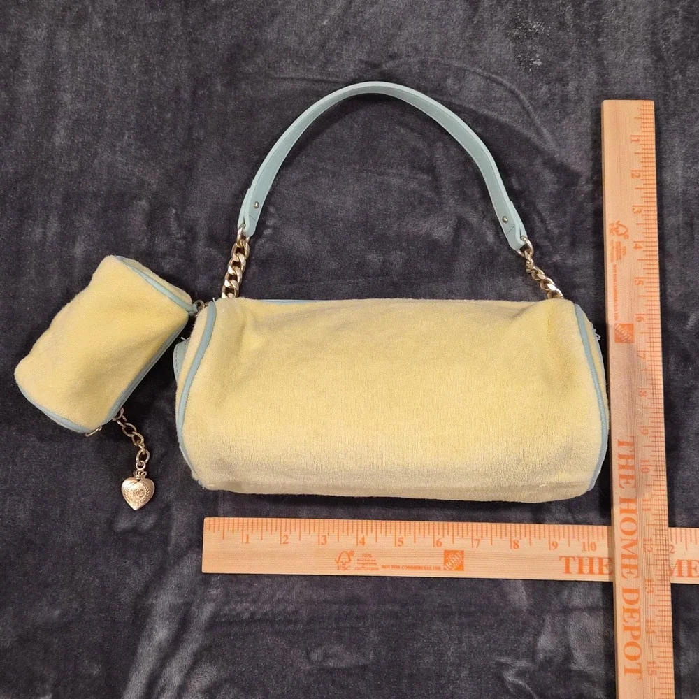 Juicy Couture Yellow Velour Barrel Bag with Mini Pouch Set Blue Trim Y2K Style